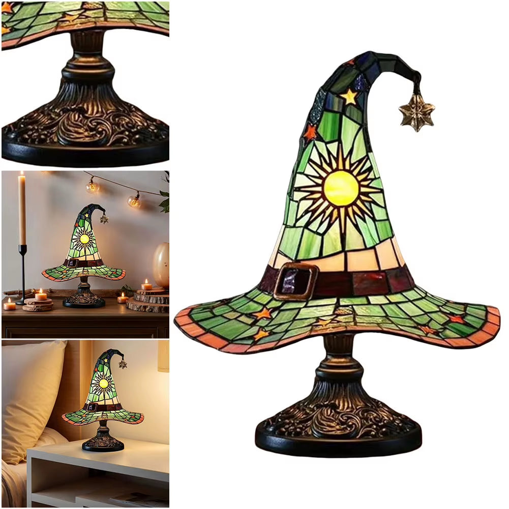 Stained Glass Witch Hat Lamp USB Powered Creative Table Lamp Bedside Lamp for Living Room Home Bedroom Decoration