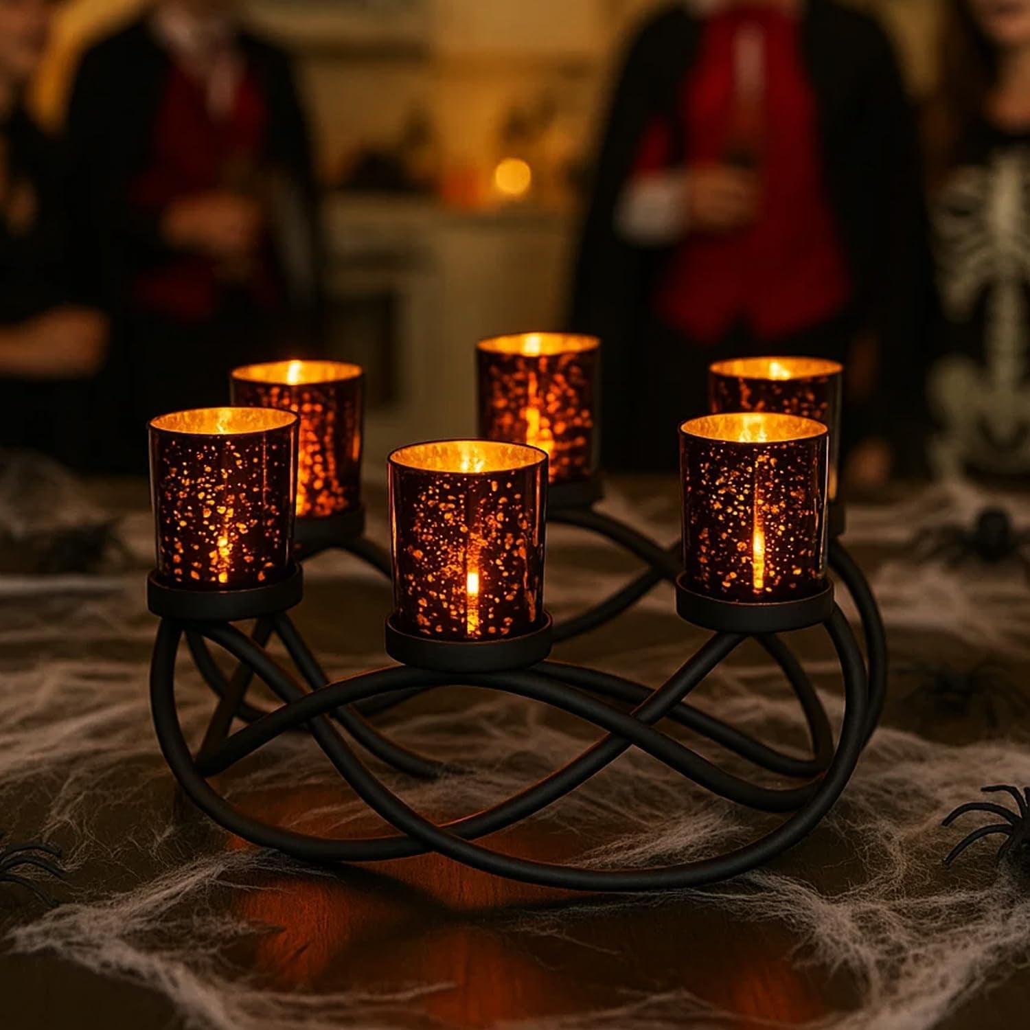 Halloween Candle Holder Centerpiece Decoration – Black Metal Iron 6-Cup Votive Tealight Holder for Spooky Table Gothic Decor, Kitchen & Dining Room, Coffee Tables