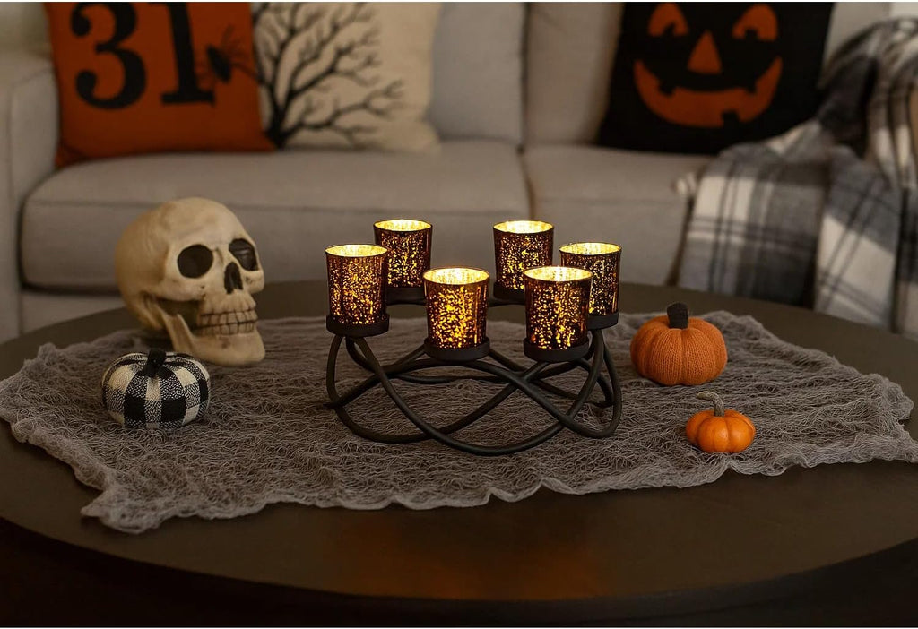 Halloween Candle Holder Centerpiece Decoration – Black Metal Iron 6-Cup Votive Tealight Holder for Spooky Table Gothic Decor, Kitchen & Dining Room, Coffee Tables