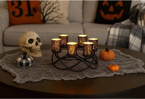 Halloween Candle Holder Centerpiece Decoration – Black Metal Iron 6-Cup Votive Tealight Holder for Spooky Table Gothic Decor, Kitchen & Dining Room, Coffee Tables