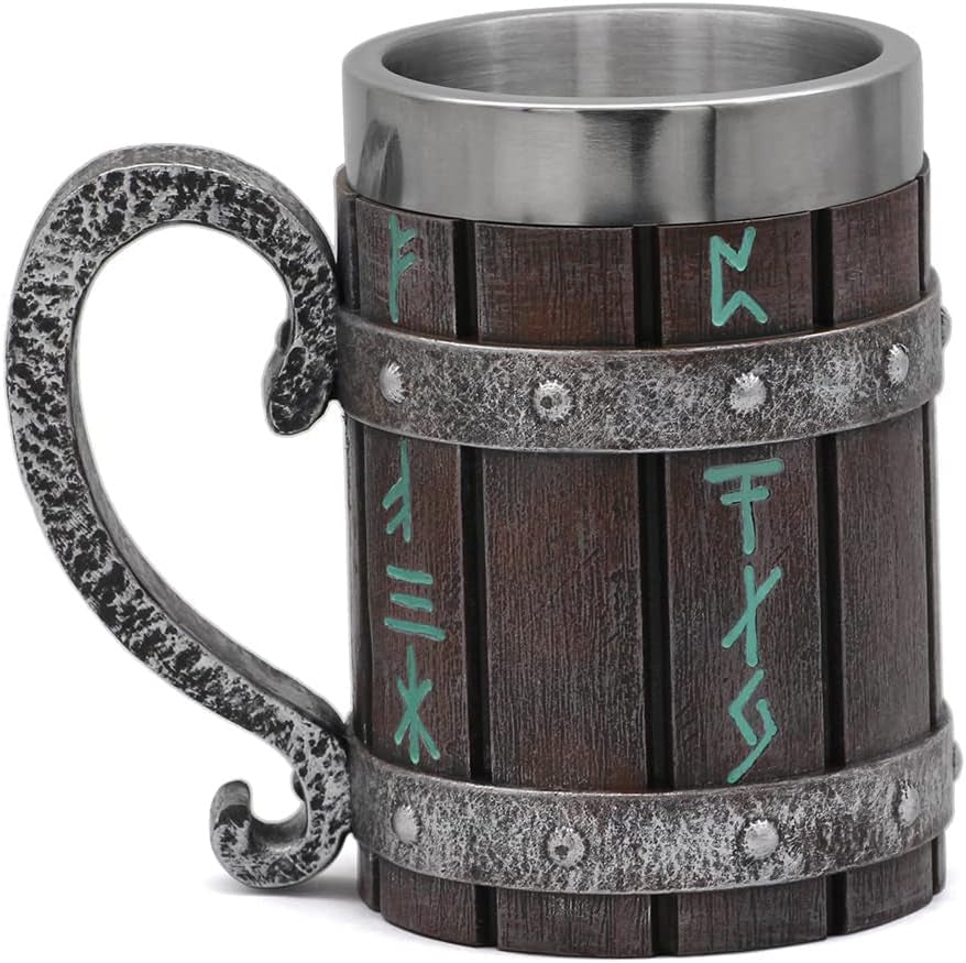 Nordic Viking Rune Mug Beer Tankard Cup for Men Viking Gift Norse Decor Stainless Steel Wooden Viking Coffee Cool Mug Viking Gift for Men Beer Cup Stein