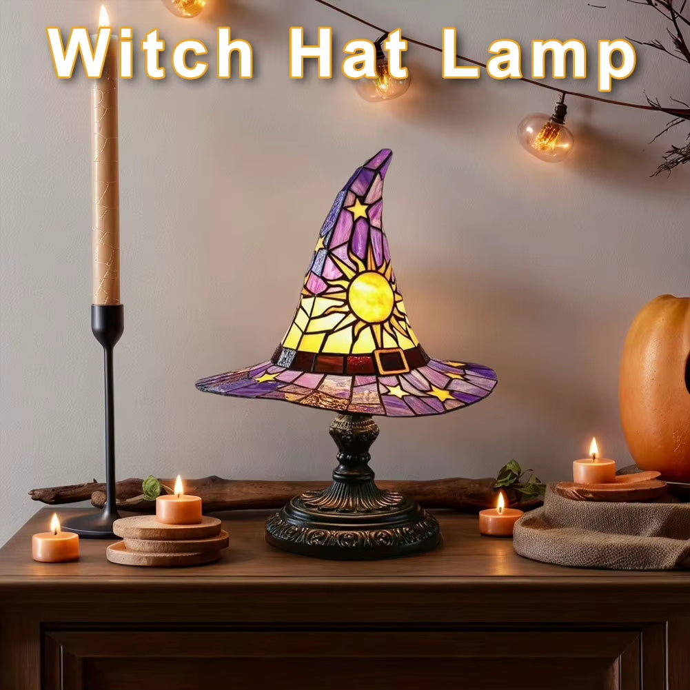 Stained Glass Witch Hat Lamp USB Powered Creative Table Lamp Bedside Lamp for Living Room Home Bedroom Decoration