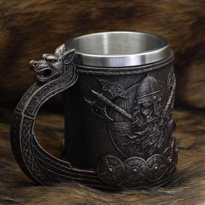 Nordic Viking Rune Mug Beer Tankard Cup for Men Viking Gift Norse Decor Stainless Steel Wooden Viking Coffee Cool Mug Viking Gift for Men Beer Cup Stein