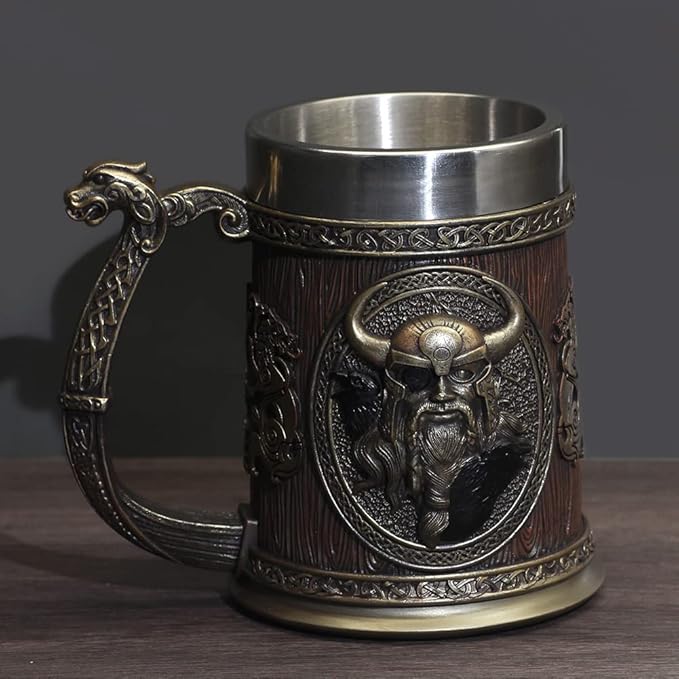 Nordic Viking Rune Mug Beer Tankard Cup for Men Viking Gift Norse Decor Stainless Steel Wooden Viking Coffee Cool Mug Viking Gift for Men Beer Cup Stein