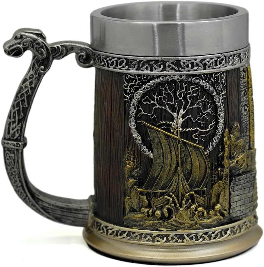 Nordic Viking Rune Mug Beer Tankard Cup for Men Viking Gift Norse Decor Stainless Steel Wooden Viking Coffee Cool Mug Viking Gift for Men Beer Cup Stein
