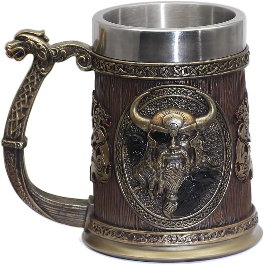Nordic Viking Rune Mug Beer Tankard Cup for Men Viking Gift Norse Decor Stainless Steel Wooden Viking Coffee Cool Mug Viking Gift for Men Beer Cup Stein