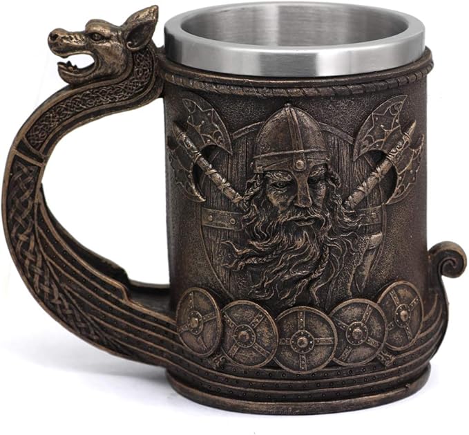 Nordic Viking Rune Mug Beer Tankard Cup for Men Viking Gift Norse Decor Stainless Steel Wooden Viking Coffee Cool Mug Viking Gift for Men Beer Cup Stein