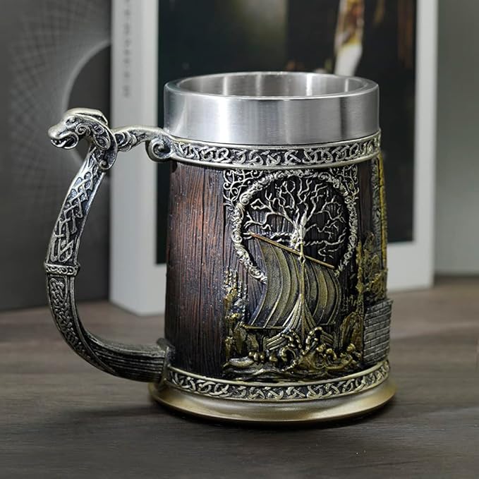 Nordic Viking Rune Mug Beer Tankard Cup for Men Viking Gift Norse Decor Stainless Steel Wooden Viking Coffee Cool Mug Viking Gift for Men Beer Cup Stein