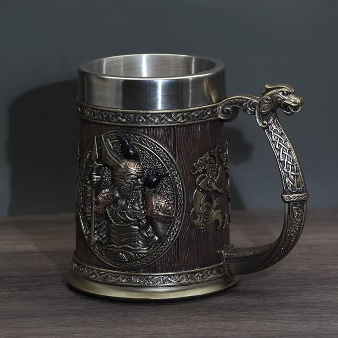 Nordic Viking Rune Mug Beer Tankard Cup for Men Viking Gift Norse Decor Stainless Steel Wooden Viking Coffee Cool Mug Viking Gift for Men Beer Cup Stein