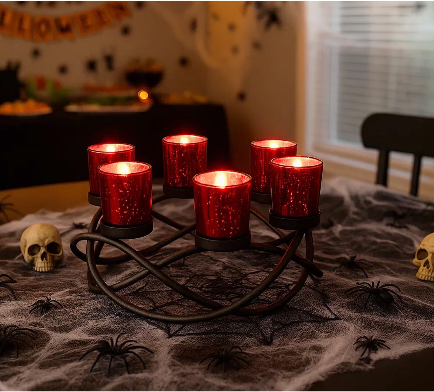 Halloween Candle Holder Centerpiece Decoration – Black Metal Iron 6-Cup Votive Tealight Holder for Spooky Table Gothic Decor, Kitchen & Dining Room, Coffee Tables