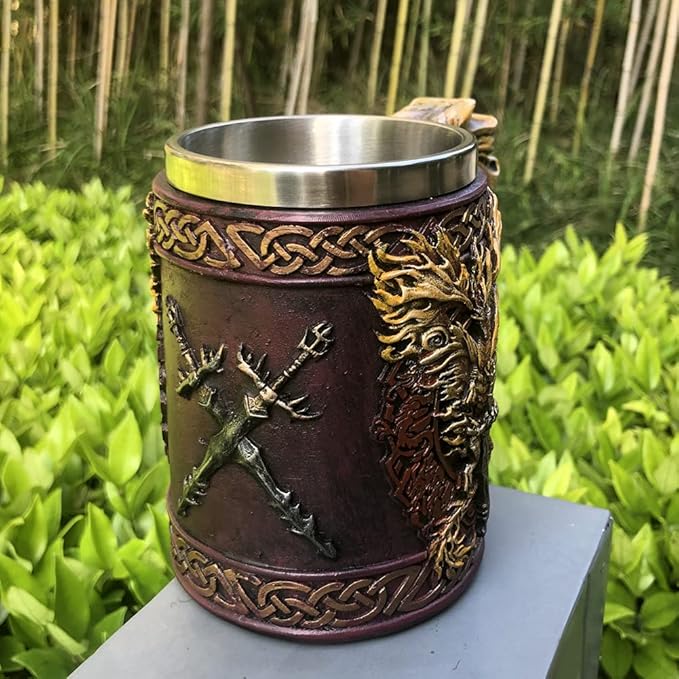 Nordic Viking Rune Mug Beer Tankard Cup for Men Viking Gift Norse Decor Stainless Steel Wooden Viking Coffee Cool Mug Viking Gift for Men Beer Cup Stein
