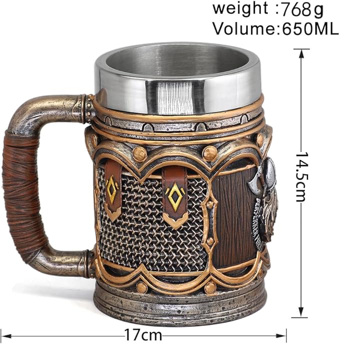 Nordic Viking Rune Mug Beer Tankard Cup for Men Viking Gift Norse Decor Stainless Steel Wooden Viking Coffee Cool Mug Viking Gift for Men Beer Cup Stein