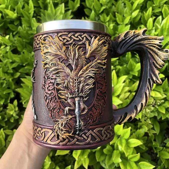 Nordic Viking Rune Mug Beer Tankard Cup for Men Viking Gift Norse Decor Stainless Steel Wooden Viking Coffee Cool Mug Viking Gift for Men Beer Cup Stein