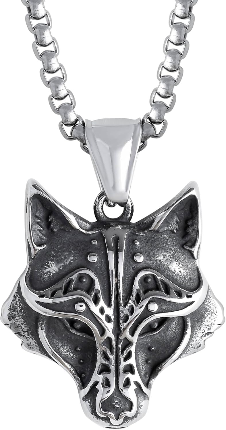 Wolf Necklace, Viking Wolf Head Pendant, Animal Totem Jewelry Gift for Men and Women