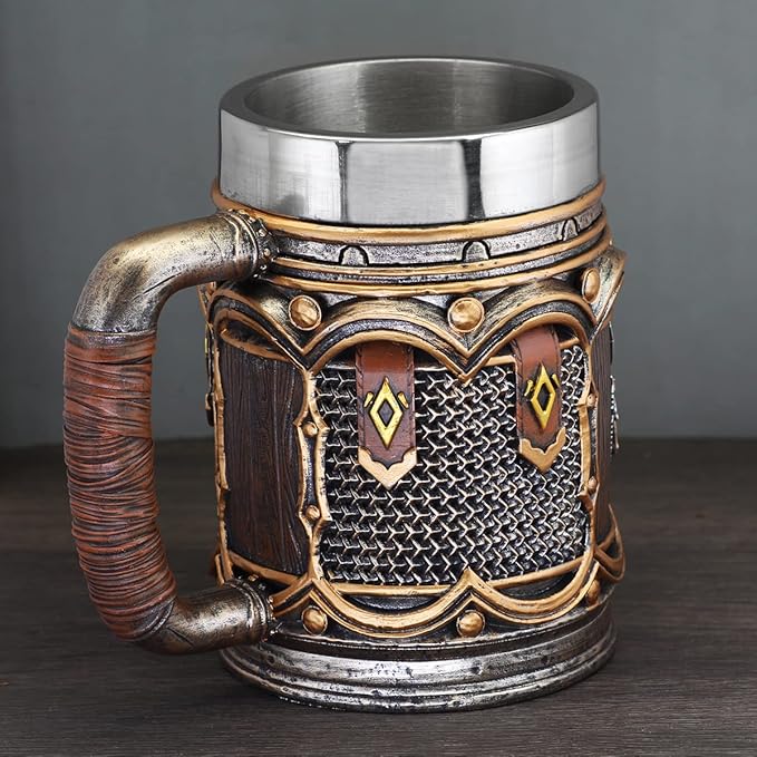 Nordic Viking Rune Mug Beer Tankard Cup for Men Viking Gift Norse Decor Stainless Steel Wooden Viking Coffee Cool Mug Viking Gift for Men Beer Cup Stein