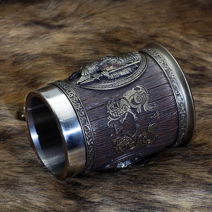 Nordic Viking Rune Mug Beer Tankard Cup for Men Viking Gift Norse Decor Stainless Steel Wooden Viking Coffee Cool Mug Viking Gift for Men Beer Cup Stein