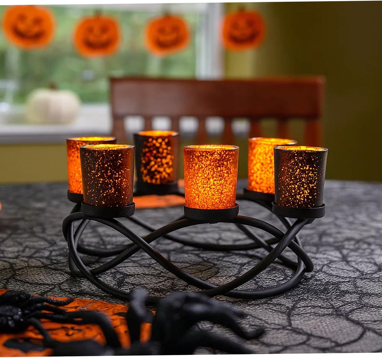 Halloween Candle Holder Centerpiece Decoration – Black Metal Iron 6-Cup Votive Tealight Holder for Spooky Table Gothic Decor, Kitchen & Dining Room, Coffee Tables