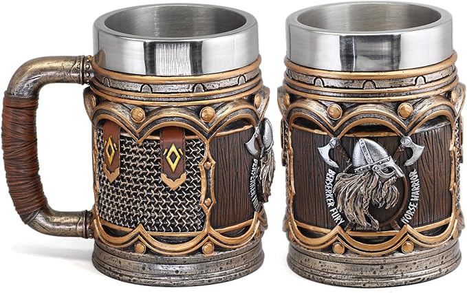 Nordic Viking Rune Mug Beer Tankard Cup for Men Viking Gift Norse Decor Stainless Steel Wooden Viking Coffee Cool Mug Viking Gift for Men Beer Cup Stein