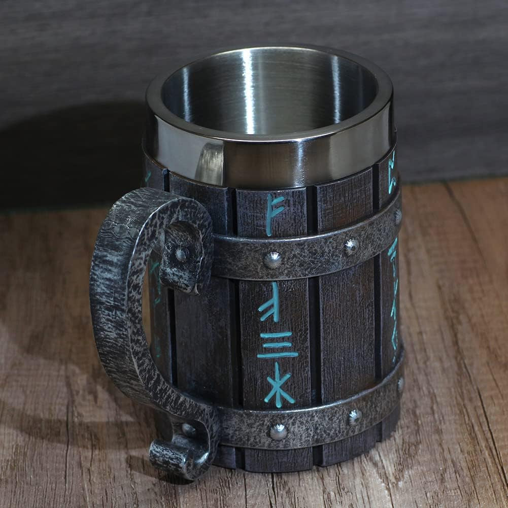Nordic Viking Rune Mug Beer Tankard Cup for Men Viking Gift Norse Decor Stainless Steel Wooden Viking Coffee Cool Mug Viking Gift for Men Beer Cup Stein