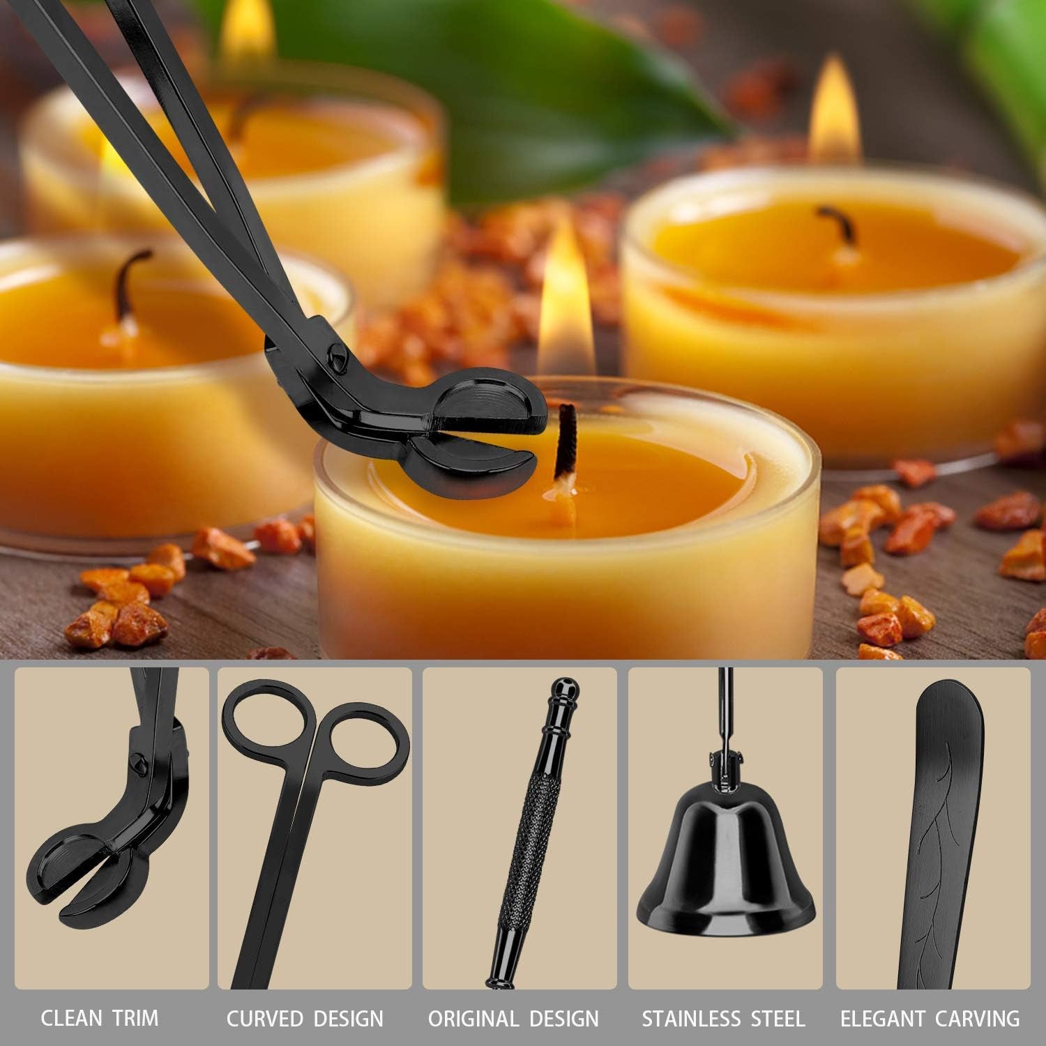 3 in 1 Candle Accessory Set - Wick Trimmer, Snuffer, Dipper with Gift Package for Candle Lovers 