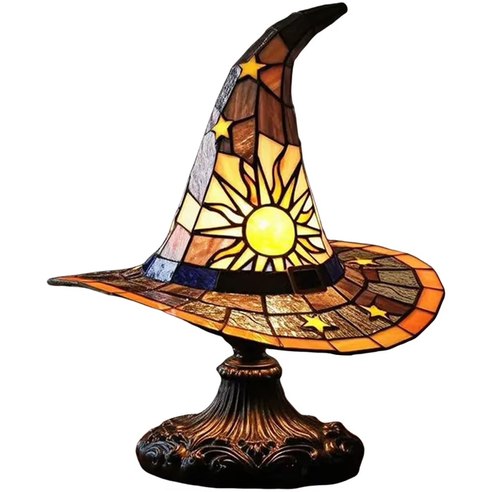Stained Glass Witch Hat Lamp USB Powered Creative Table Lamp Bedside Lamp for Living Room Home Bedroom Decoration