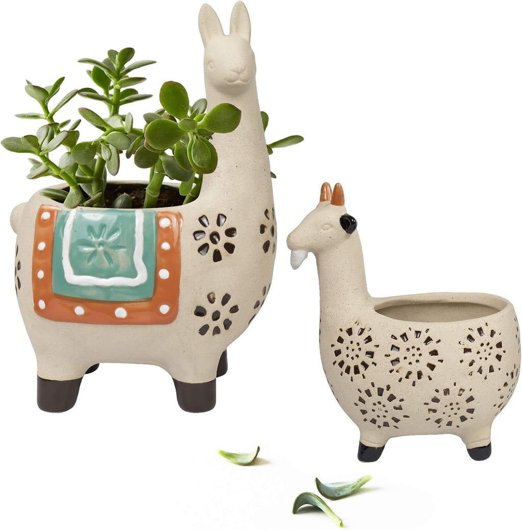 Ceramic Animal Succulent Planter Pots - 6.1 + 4.5 Inch Cute Alpaca/Llama & Goat Rough Pottery Unglazed Desktop Flower Plant Pots Indoor, Home Decor Gifts for Mom, Green