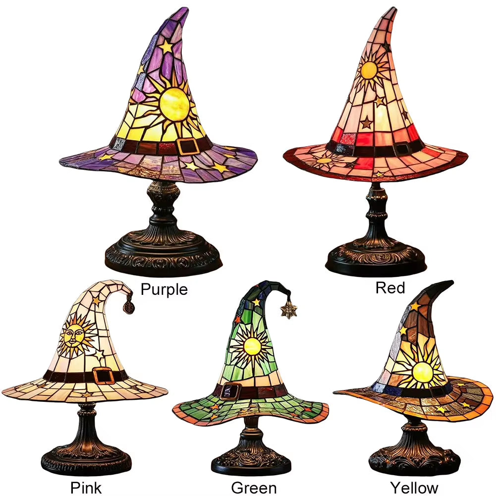 Stained Glass Witch Hat Lamp USB Powered Creative Table Lamp Bedside Lamp for Living Room Home Bedroom Decoration