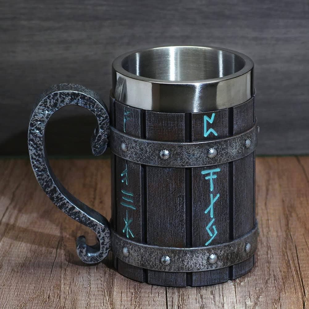 Nordic Viking Rune Mug Beer Tankard Cup for Men Viking Gift Norse Decor Stainless Steel Wooden Viking Coffee Cool Mug Viking Gift for Men Beer Cup Stein