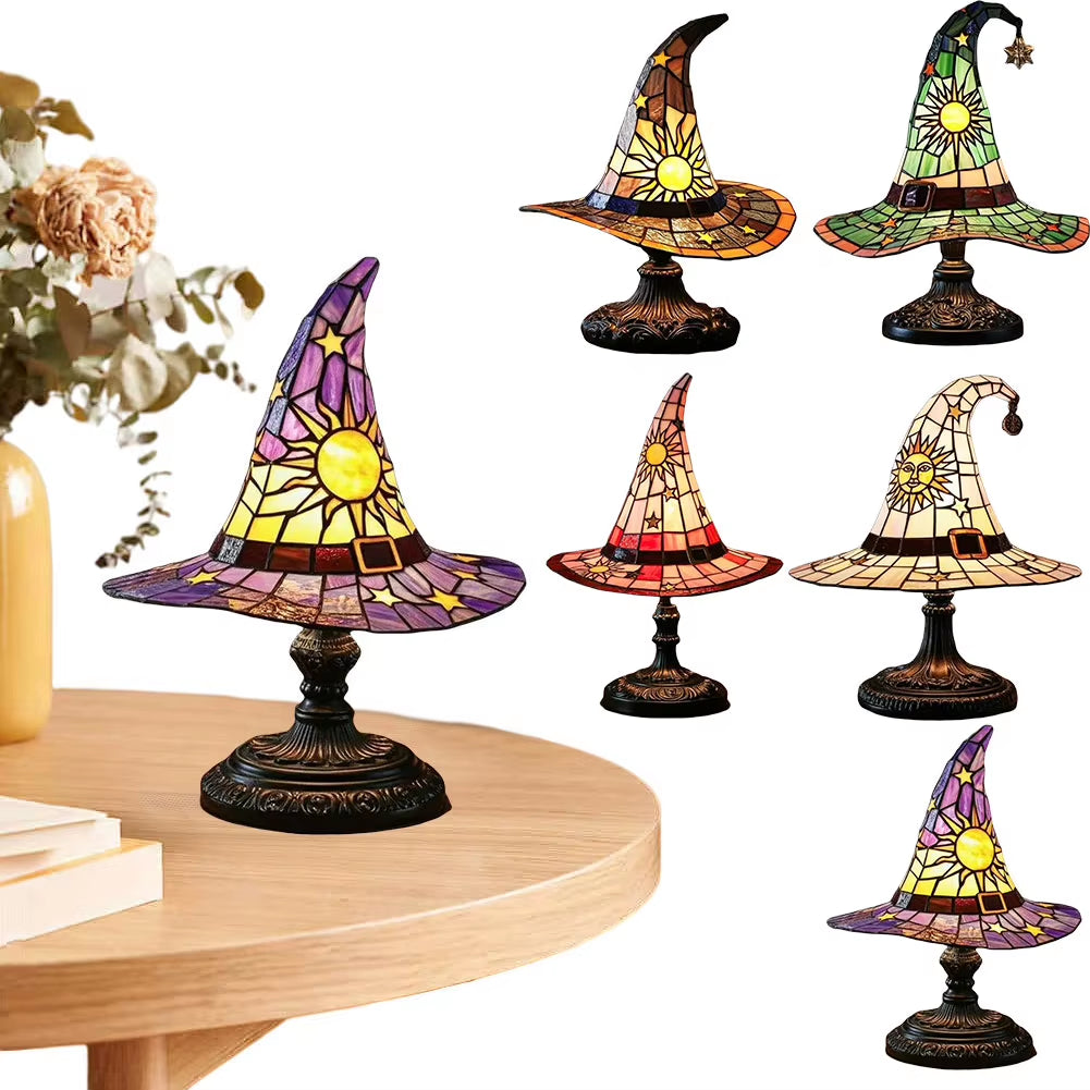 Stained Glass Witch Hat Lamp USB Powered Creative Table Lamp Bedside Lamp for Living Room Home Bedroom Decoration
