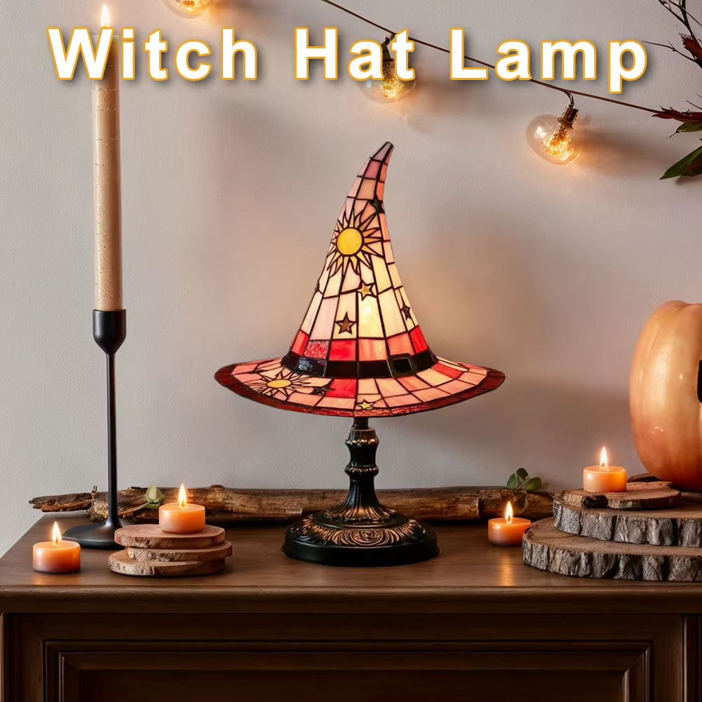Stained Glass Witch Hat Lamp USB Powered Creative Table Lamp Bedside Lamp for Living Room Home Bedroom Decoration