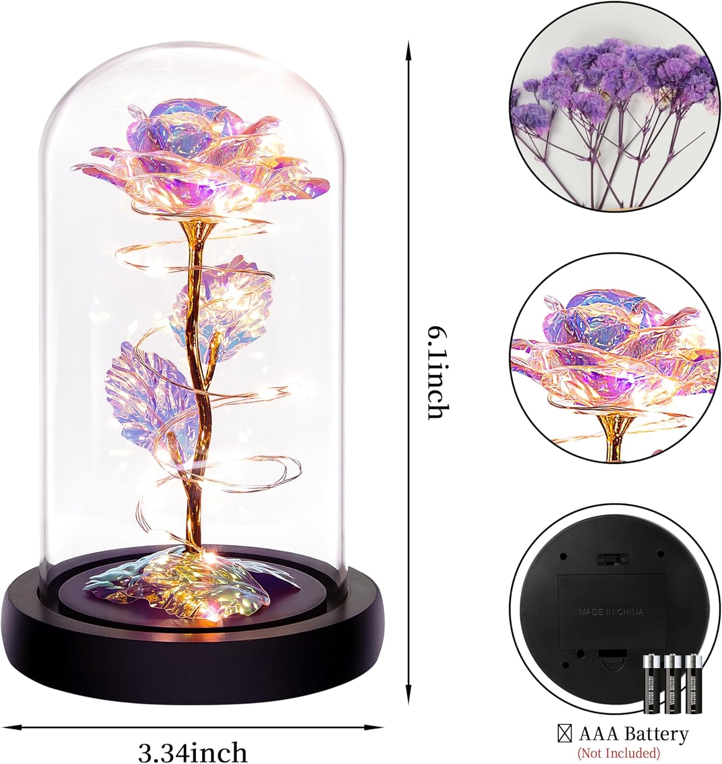 Birthday Gifts for Women,Christmas Flowers Gifts for Her,Women,Mom,Wife,Grandma,Light up Rose in Glass Dome,Colorful Rainbow Flowers for Christmas,Anniversary,Valentines,Birthday