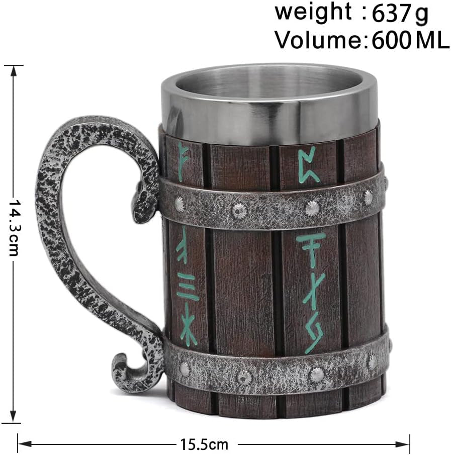 Nordic Viking Rune Mug Beer Tankard Cup for Men Viking Gift Norse Decor Stainless Steel Wooden Viking Coffee Cool Mug Viking Gift for Men Beer Cup Stein