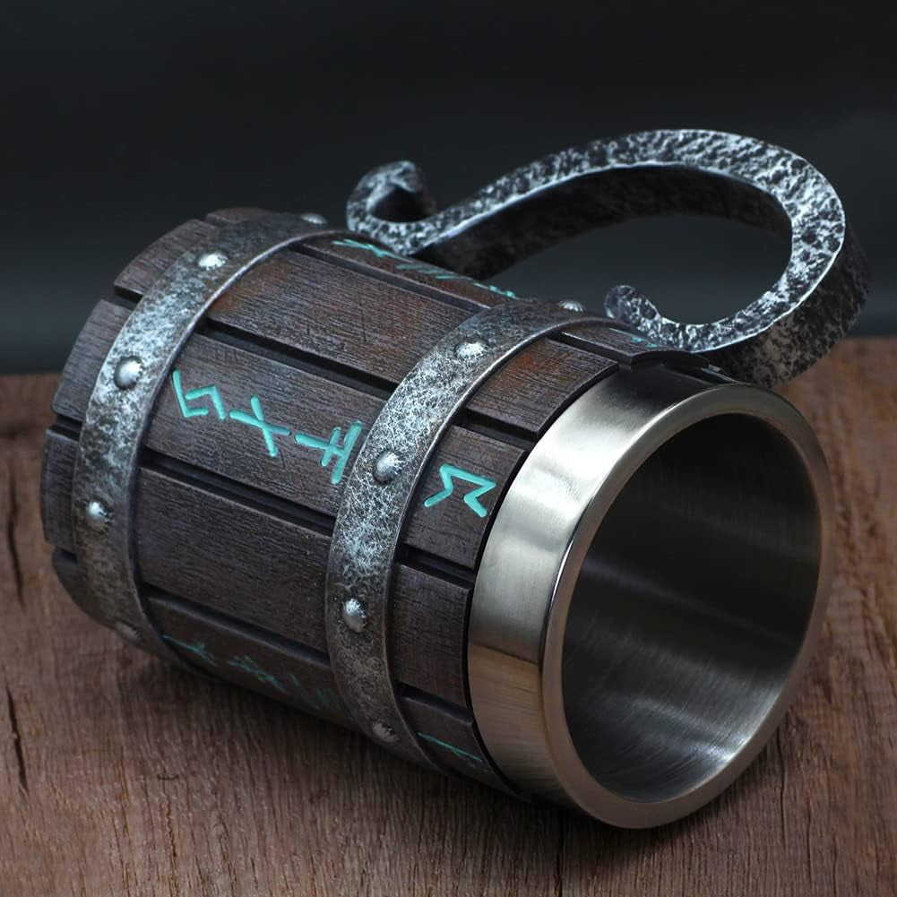 Nordic Viking Rune Mug Beer Tankard Cup for Men Viking Gift Norse Decor Stainless Steel Wooden Viking Coffee Cool Mug Viking Gift for Men Beer Cup Stein