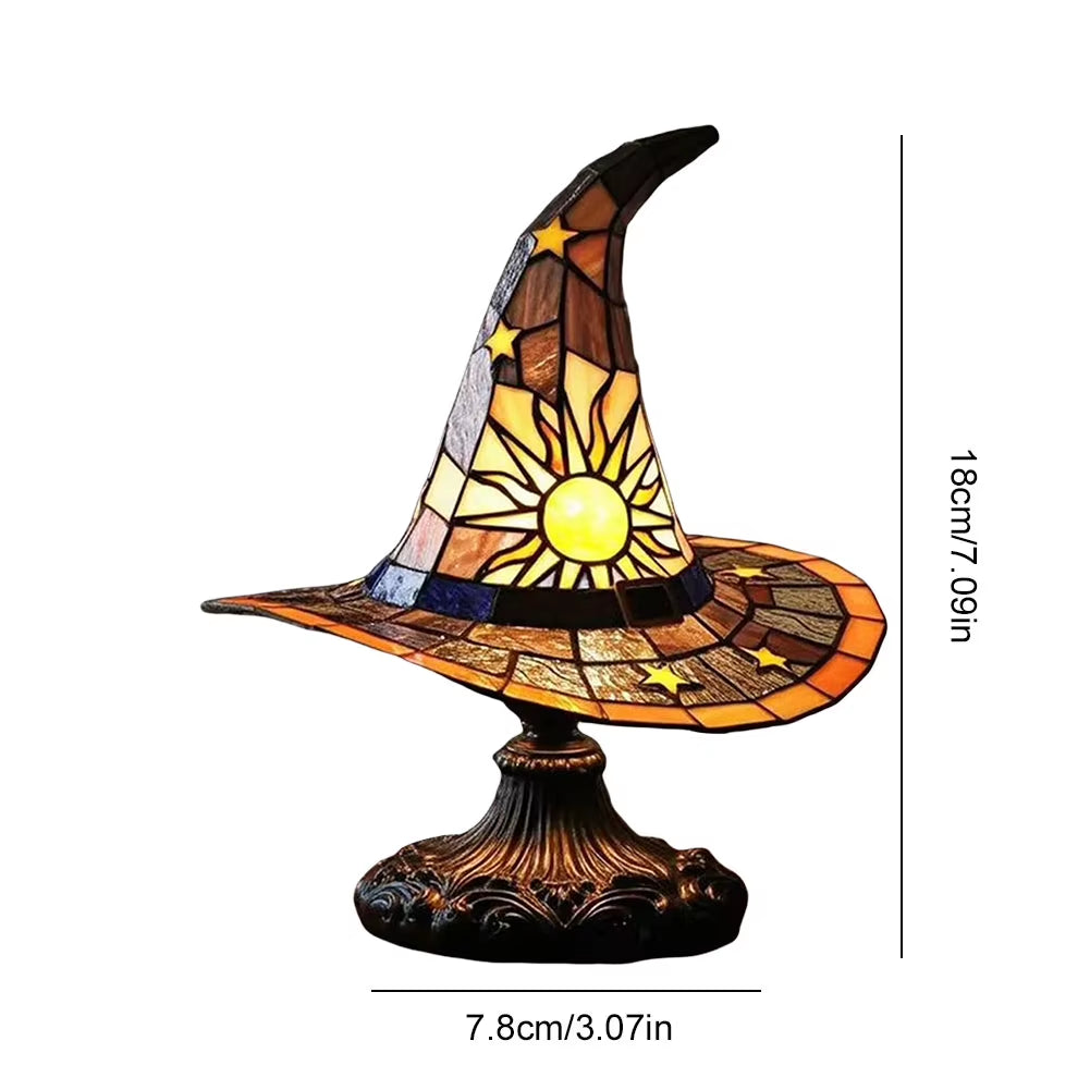 Stained Glass Witch Hat Lamp USB Powered Creative Table Lamp Bedside Lamp for Living Room Home Bedroom Decoration
