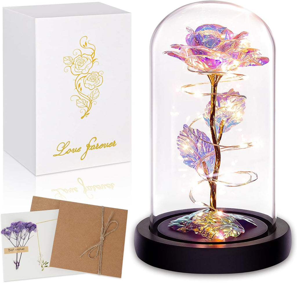 Birthday Gifts for Women,Christmas Flowers Gifts for Her,Women,Mom,Wife,Grandma,Light up Rose in Glass Dome,Colorful Rainbow Flowers for Christmas,Anniversary,Valentines,Birthday