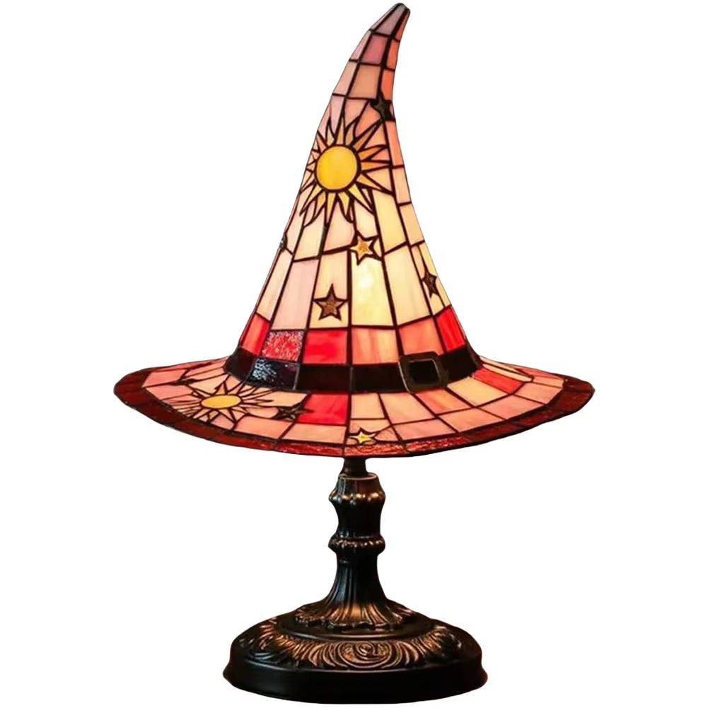Stained Glass Witch Hat Lamp USB Powered Creative Table Lamp Bedside Lamp for Living Room Home Bedroom Decoration
