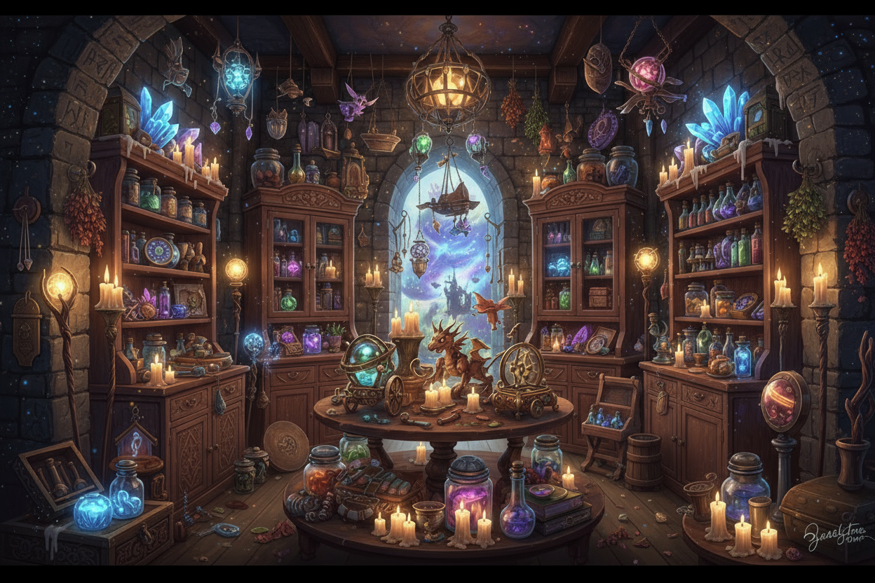 inside a fantasy old world store with magical toys, tools, and knick knacks